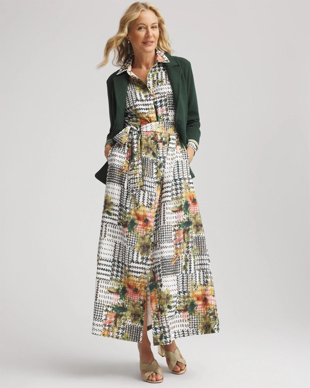 Chico's Discount Ecru Artisanal Floral Print  Maxi Shirtdress