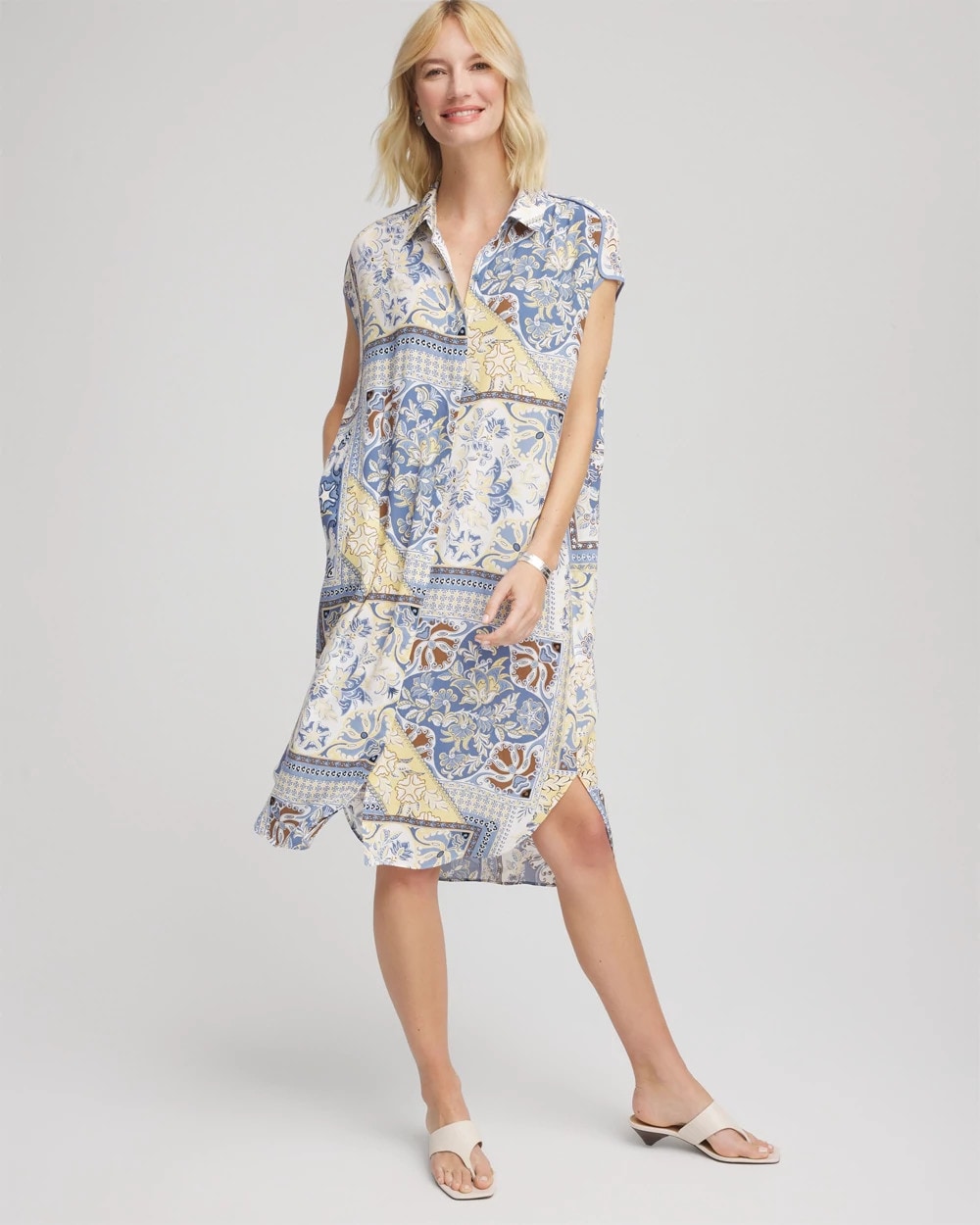 Chico's Outlet Ecru Floral Patchwork Short Shirtdress