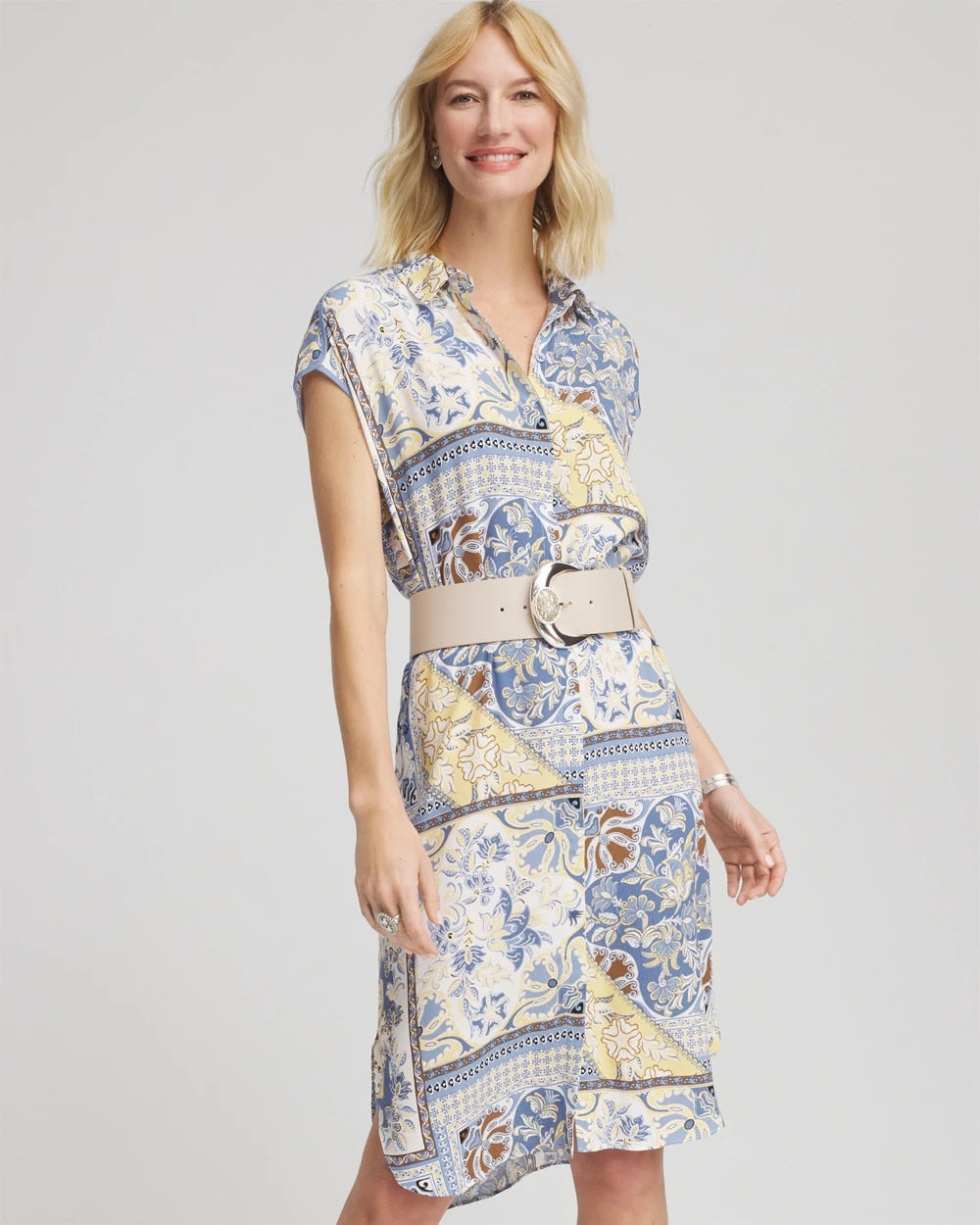 Chico's Outlet Ecru Floral Patchwork Short Shirtdress