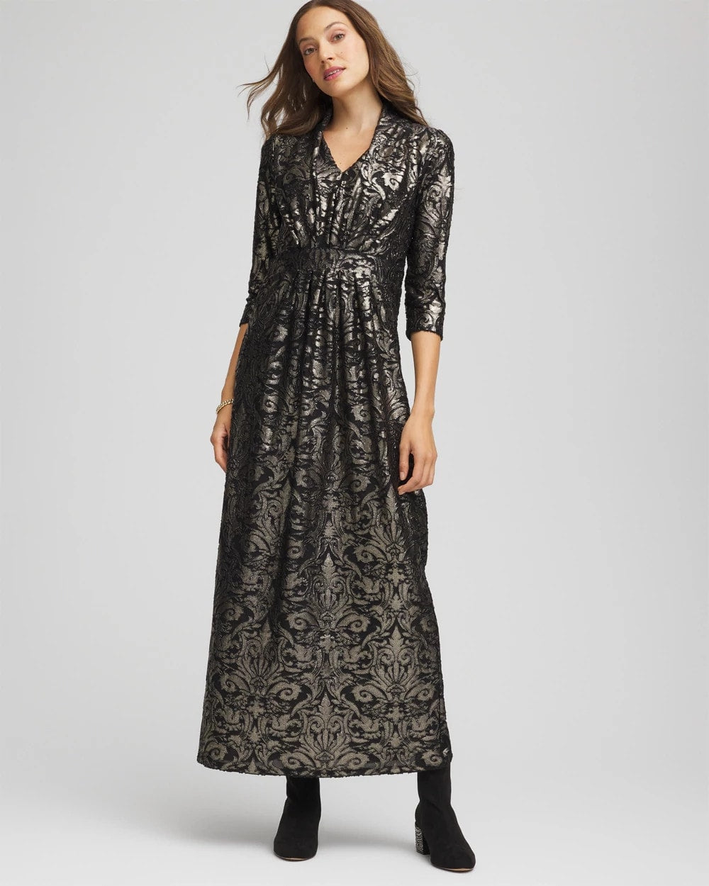 Chico's On Sale Black Foiled Knit Pleated Maxi Dress