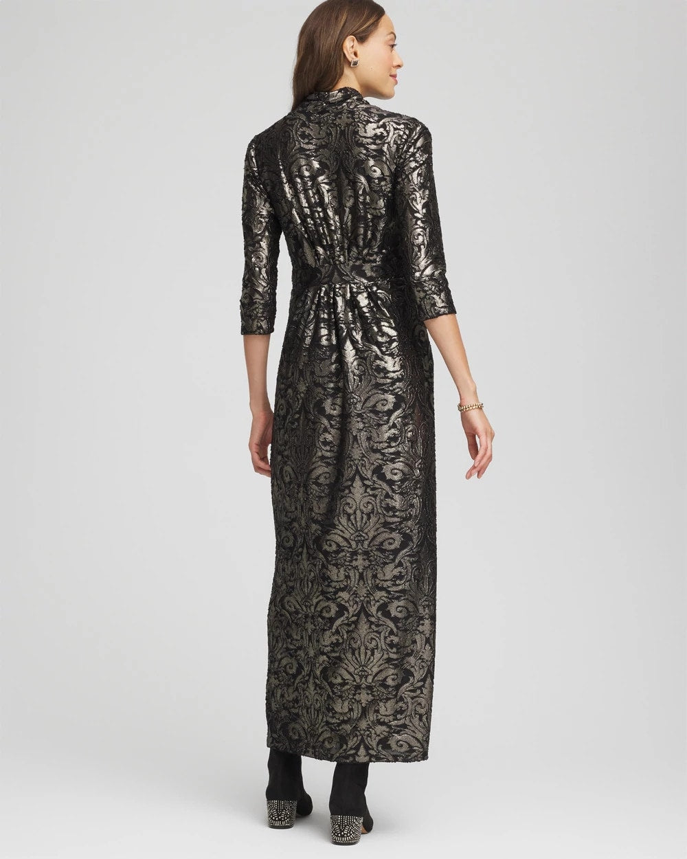 Chico's On Sale Black Foiled Knit Pleated Maxi Dress