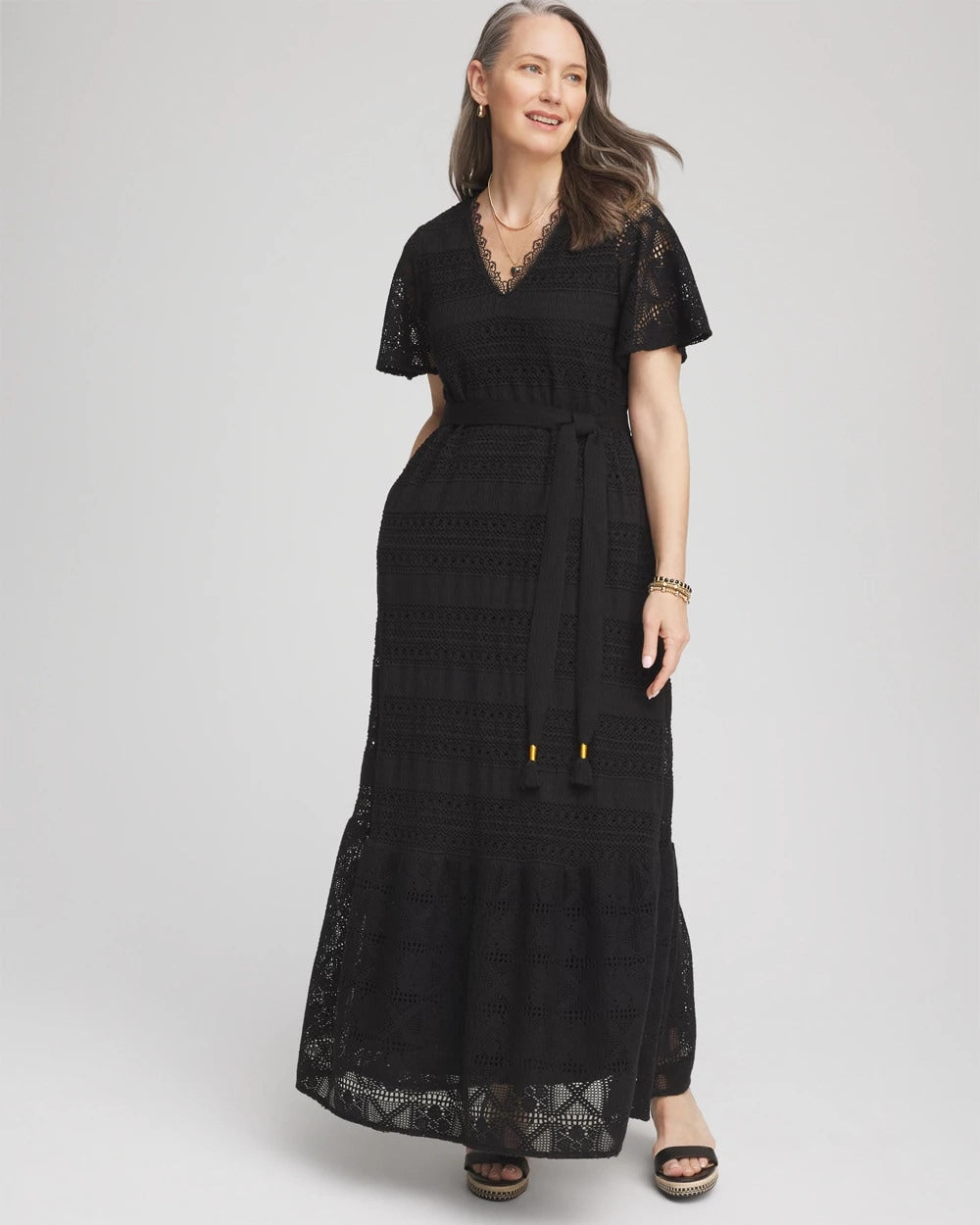 Chico's Outlet Black Petite Crochet-Lace Maxi Dress