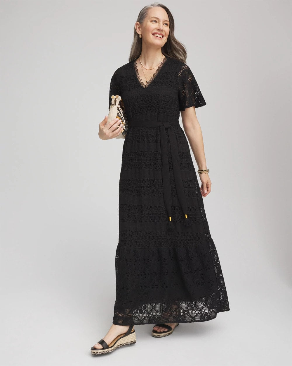 Chico's Outlet Black Petite Crochet-Lace Maxi Dress
