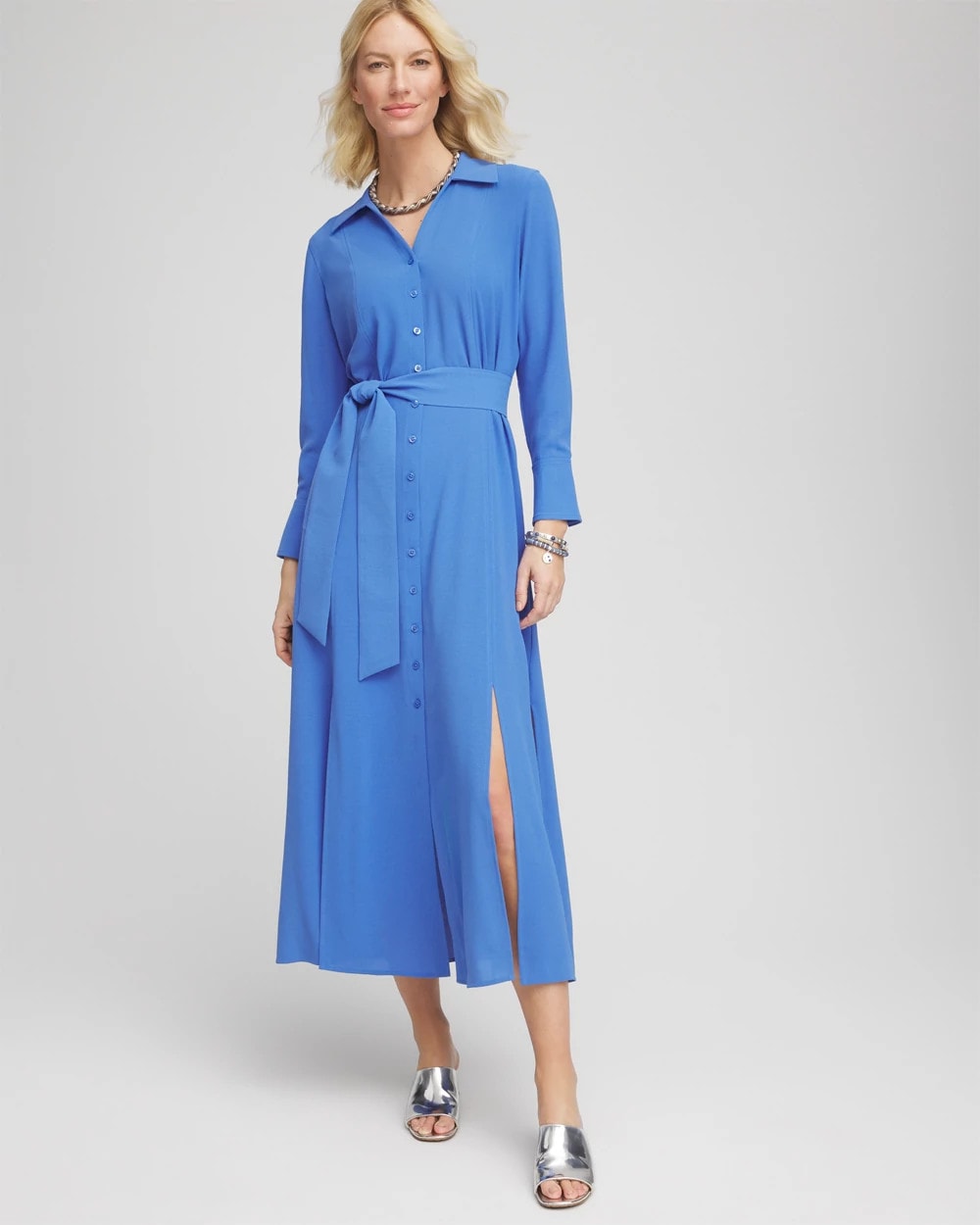 Chico's Discount Blue Pearl Belted Split Hem Maxi Shirtdress