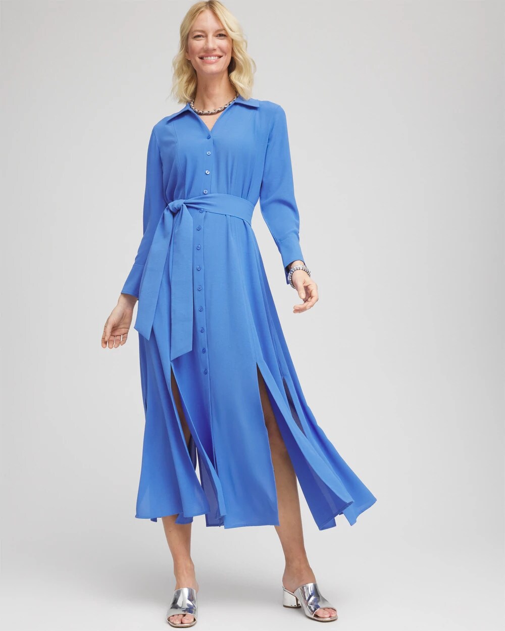 Chico's Discount Blue Pearl Belted Split Hem Maxi Shirtdress