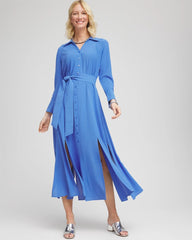 Chico's Discount Blue Pearl Belted Split Hem Maxi Shirtdress