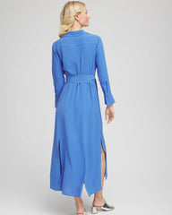 Chico's Discount Blue Pearl Belted Split Hem Maxi Shirtdress