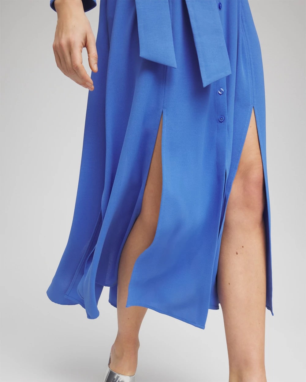 Chico's Discount Blue Pearl Belted Split Hem Maxi Shirtdress