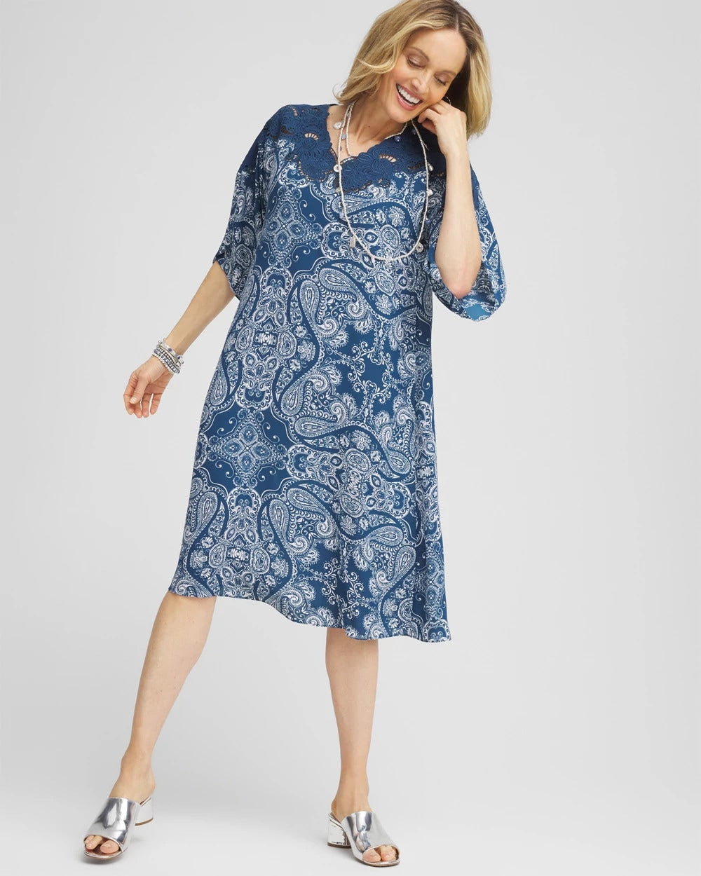 Chico's Sale Seaport Blue Crepe Lace-Neck Dress