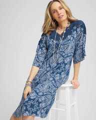 Chico's Sale Seaport Blue Crepe Lace-Neck Dress