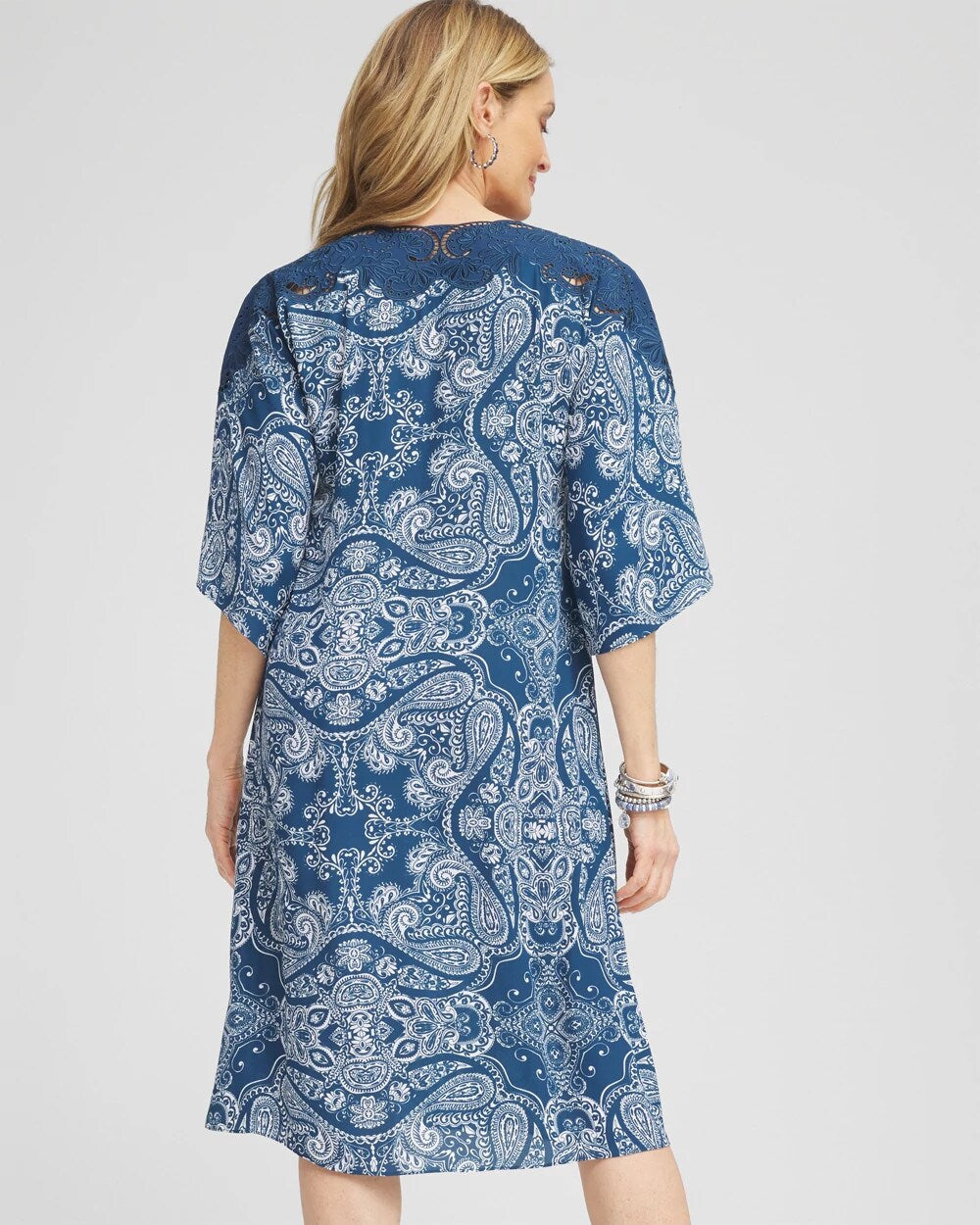 Chico's Sale Seaport Blue Crepe Lace-Neck Dress