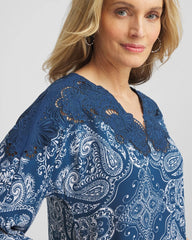 Chico's Sale Seaport Blue Crepe Lace-Neck Dress