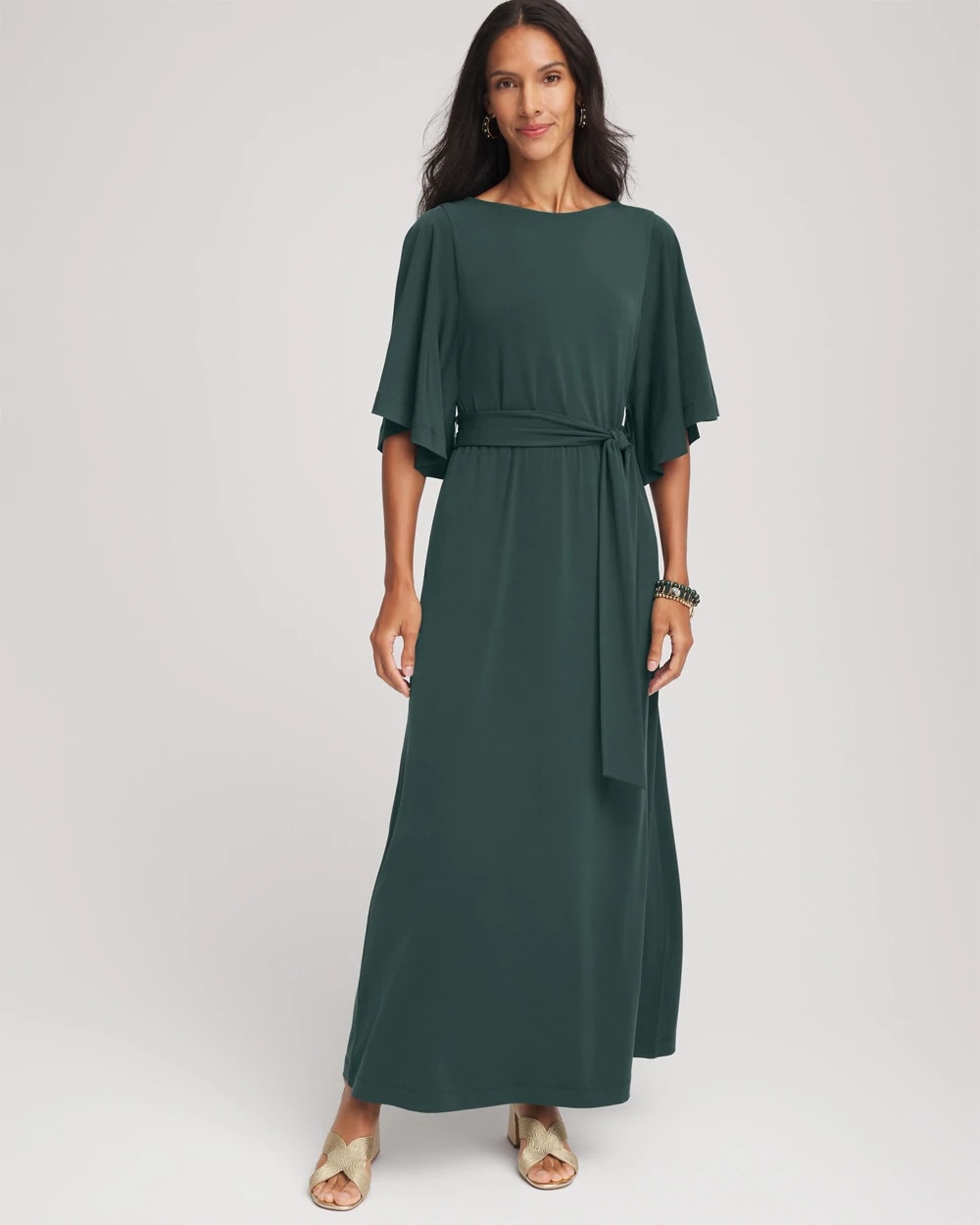 Chico's Outlet Darkest Spruce Belted Flutter-Sleeve Maxi Dress