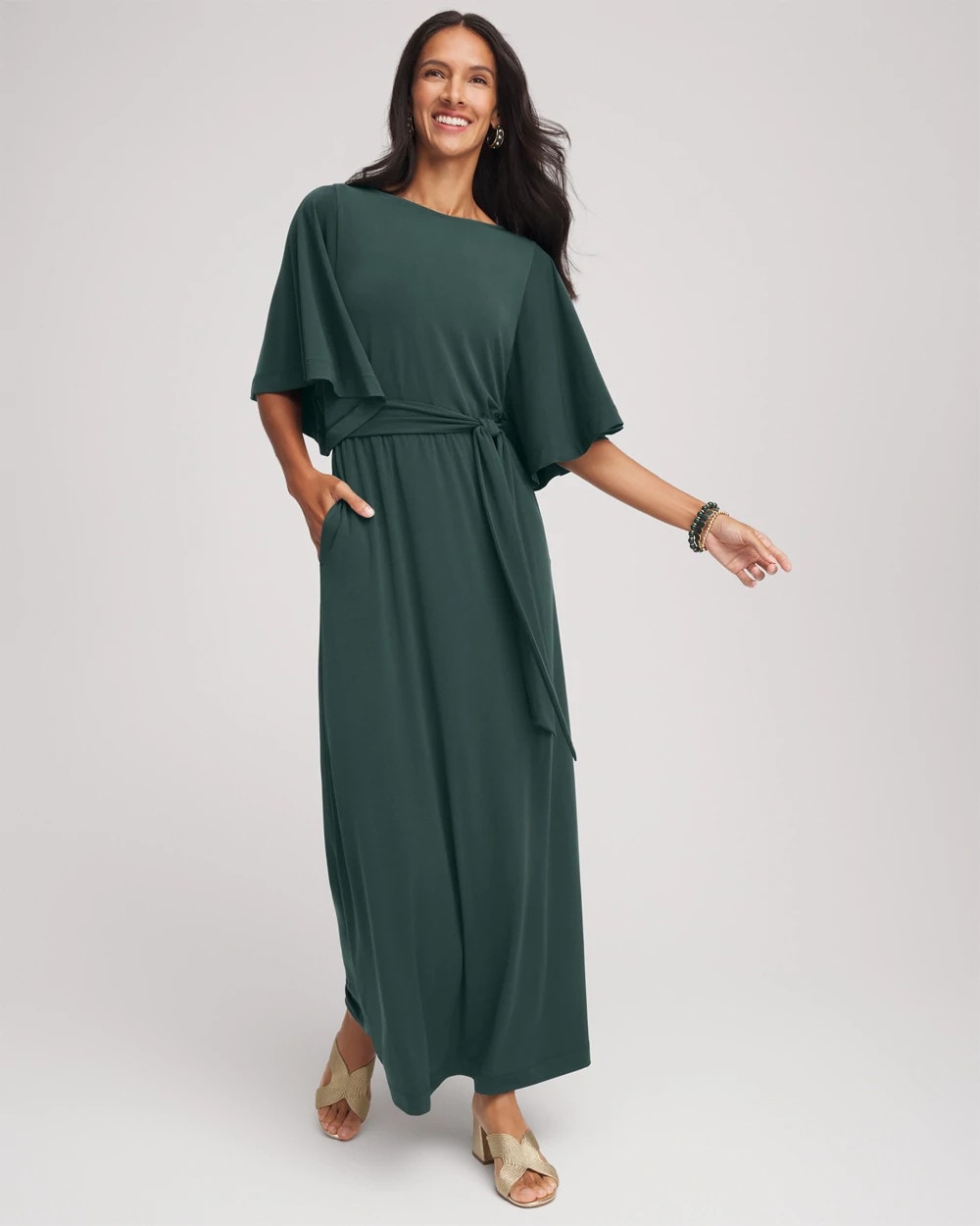 Chico's Outlet Darkest Spruce Belted Flutter-Sleeve Maxi Dress