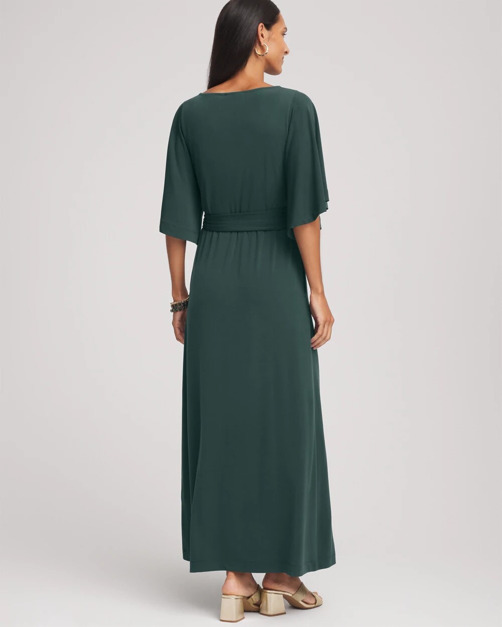 Chico's Outlet Darkest Spruce Belted Flutter-Sleeve Maxi Dress