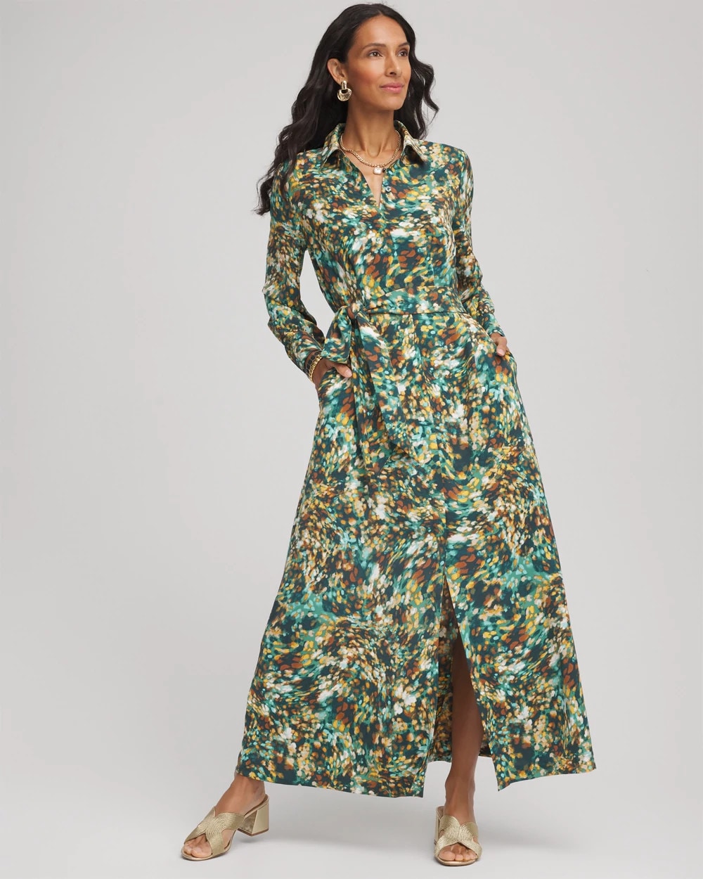 Chico's On Sale Darkest Spruce Printed Long-Sleeved Shirtdress