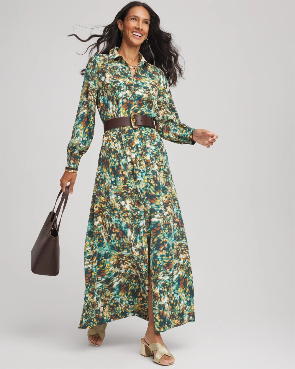 Chico's On Sale Darkest Spruce Printed Long-Sleeved Shirtdress