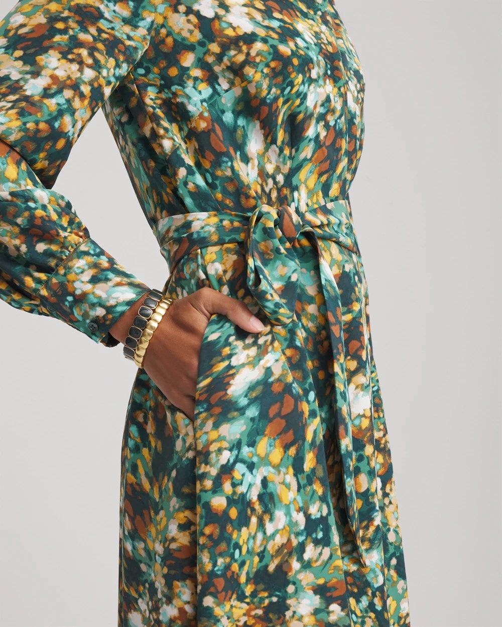 Chico's On Sale Darkest Spruce Printed Long-Sleeved Shirtdress