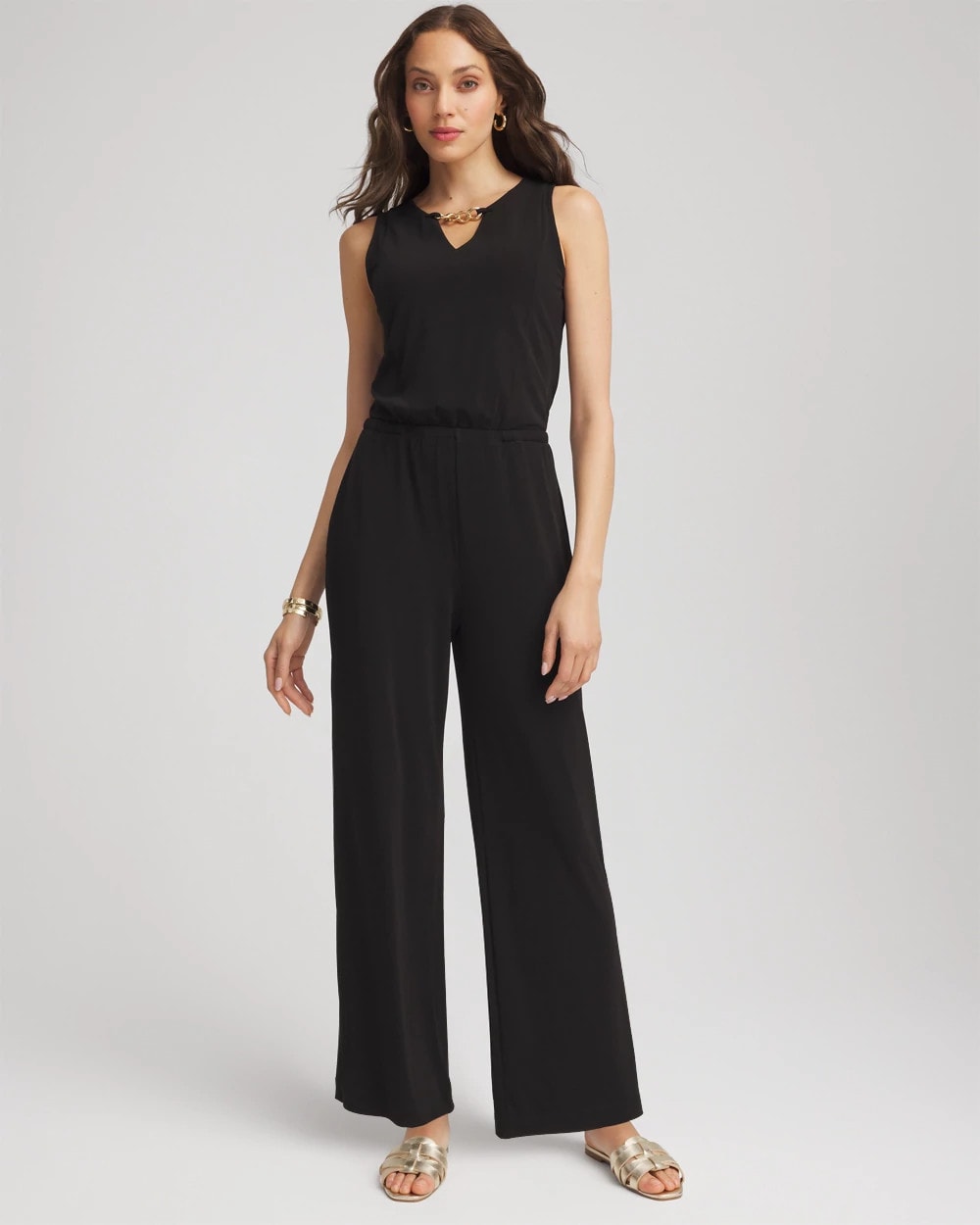 Chico's For Sale Black Travelers™ Jersey Knit Chain-Trim Jumpsuit