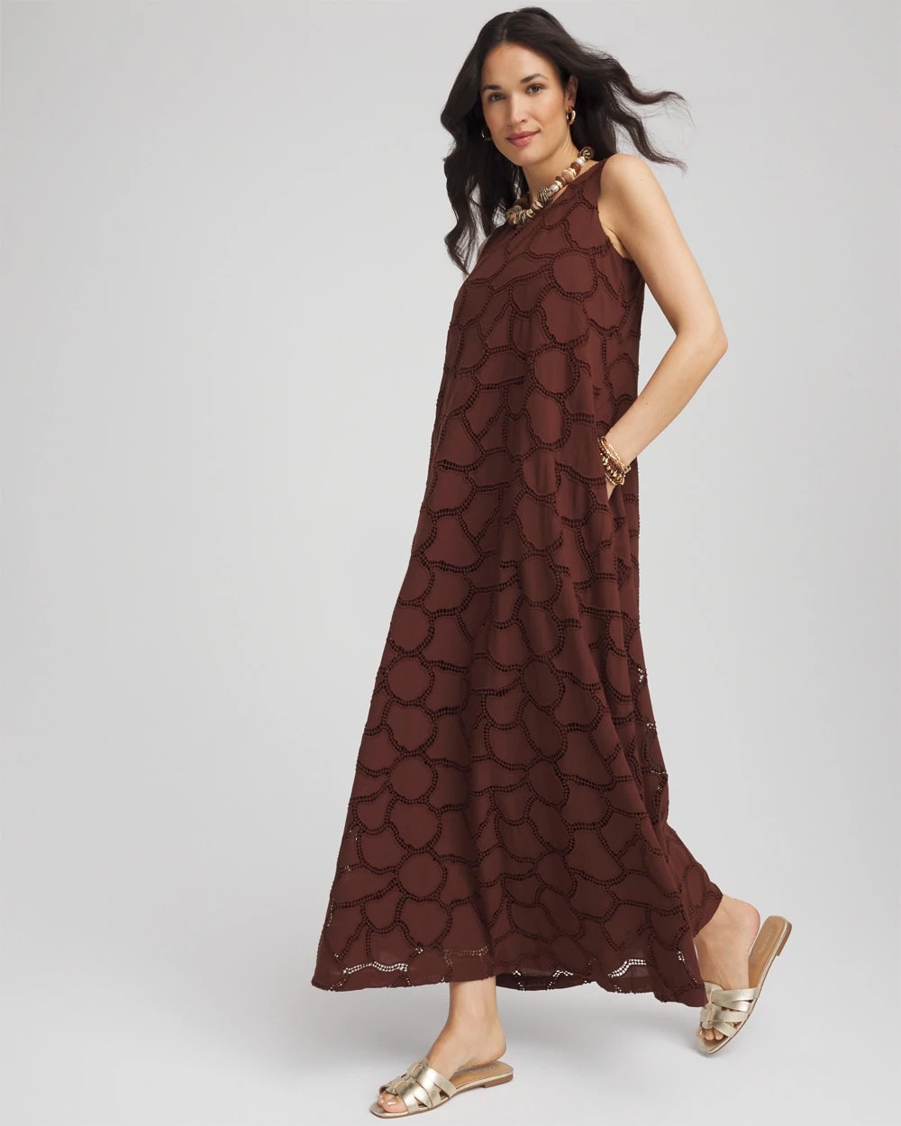 Chico's Discount Cacao Eyelet Cutout Maxi Tank Dress