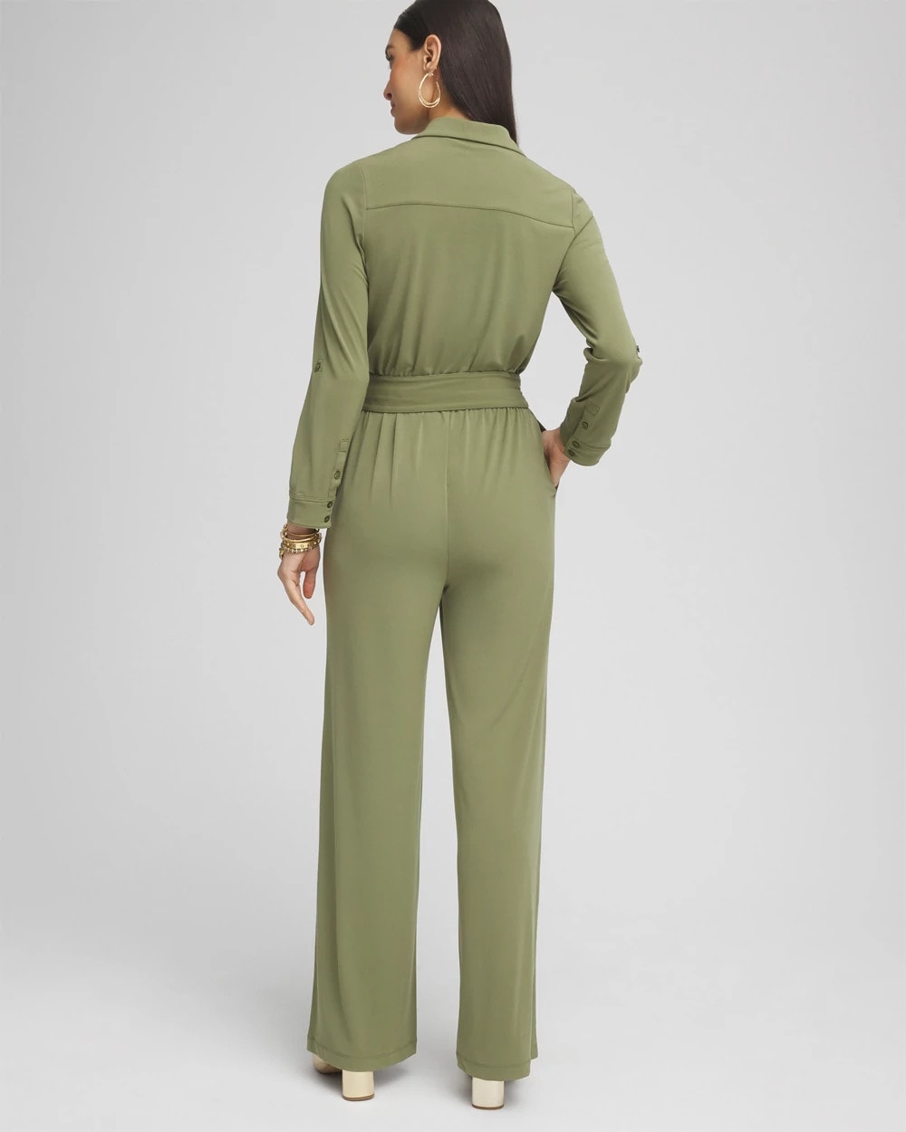 Chico's Online Rustic Olive Belted Jersey Maxi Jumpsuit