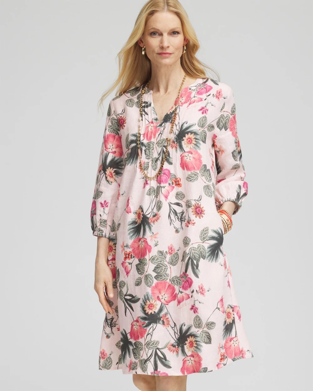 Chico's Discount Multi Floral Linen Pintuck 3/4 Sleeved Dress