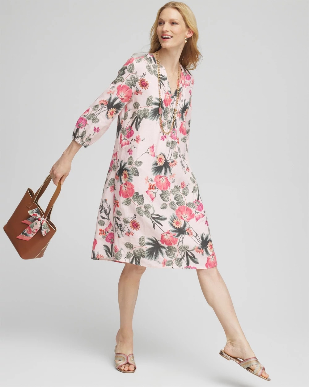 Chico's Discount Multi Floral Linen Pintuck 3/4 Sleeved Dress