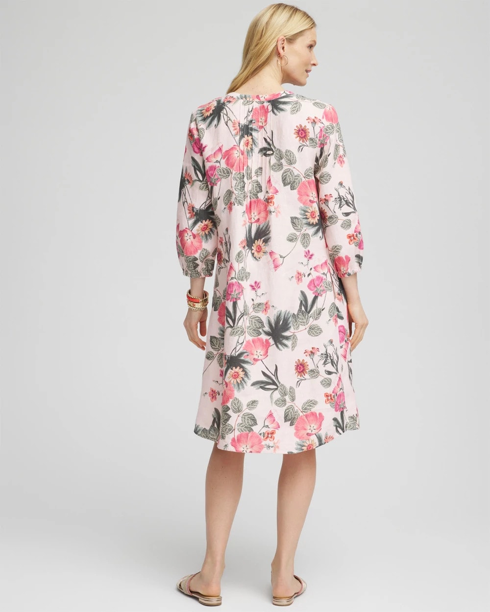 Chico's Discount Multi Floral Linen Pintuck 3/4 Sleeved Dress