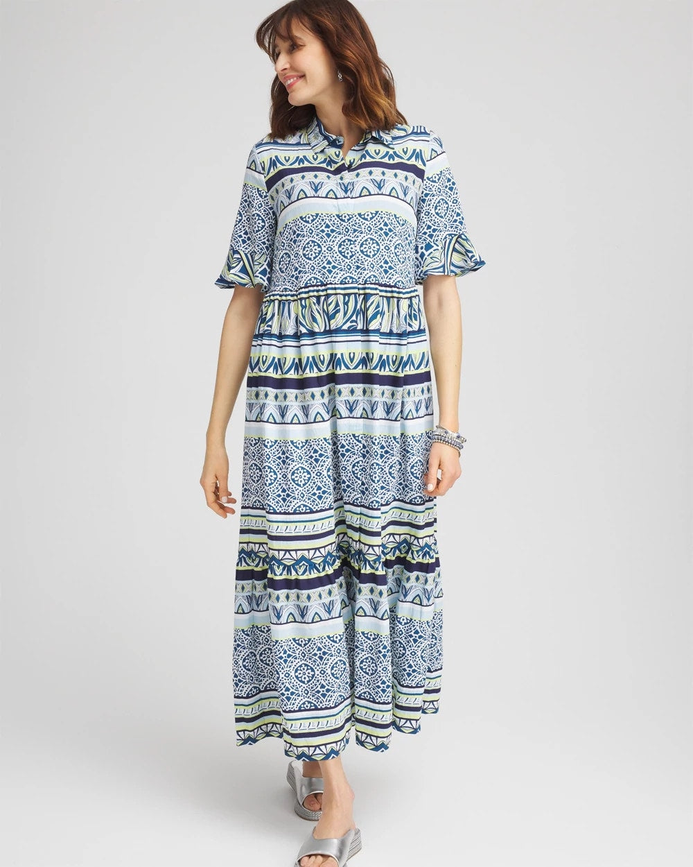 Chico's Sale Seaport Blue Flutter-Sleeved Maxi Dress