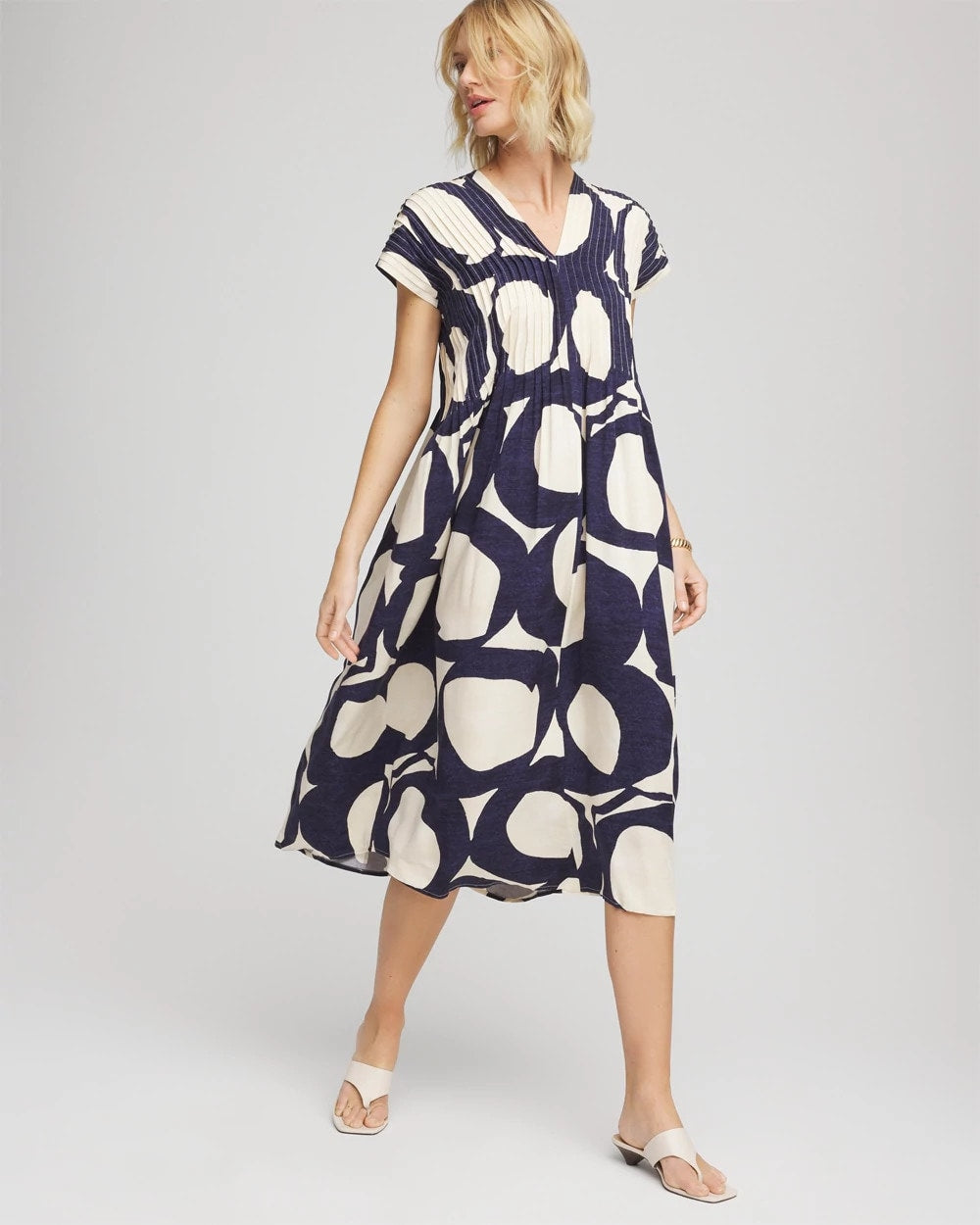Chico's On Sale Passport Blue Printed Silk-Twill Popover Midi Dress