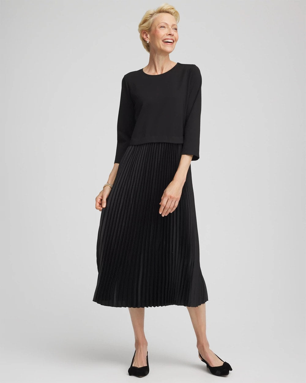 Chico's Online Black Satin-Knit Pleated Maxi Dress