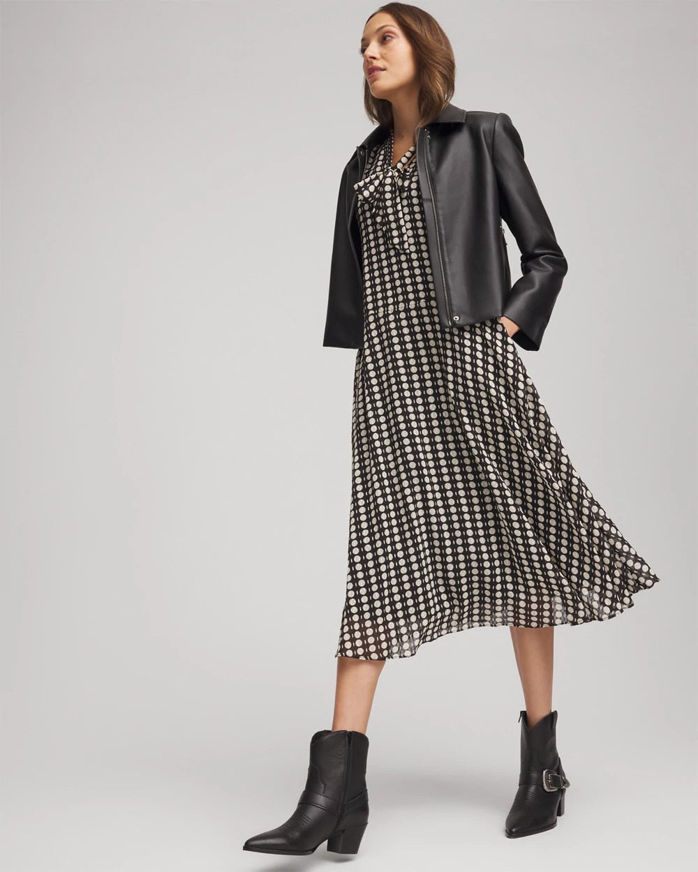 Chico's Discount Black Chiffon Clip-Dot Tie-Neck Dress