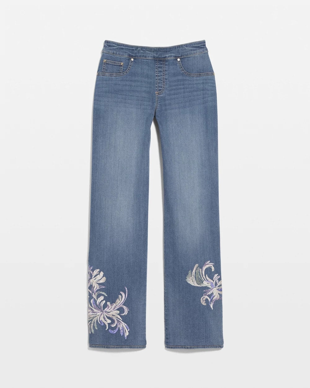 Chico's For Sale Soraya Indigo Embroidered Pull-On Wide-Leg Jeans
