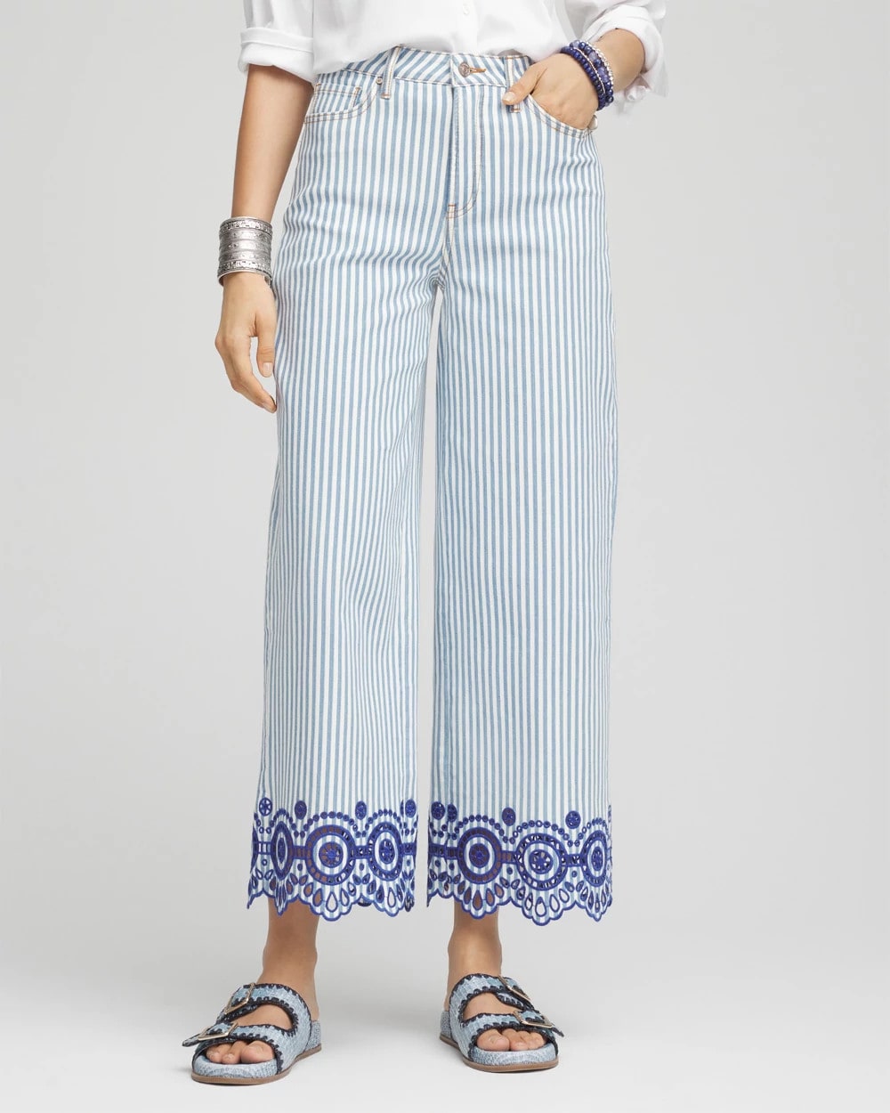Chico's On Sale Blue Eyelet High-Rise Wide Cropped Jeans