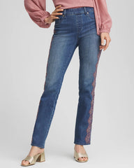 Chico's Outlet Alpine Indigo Lace Embroidered Pull-On Straight Jeans