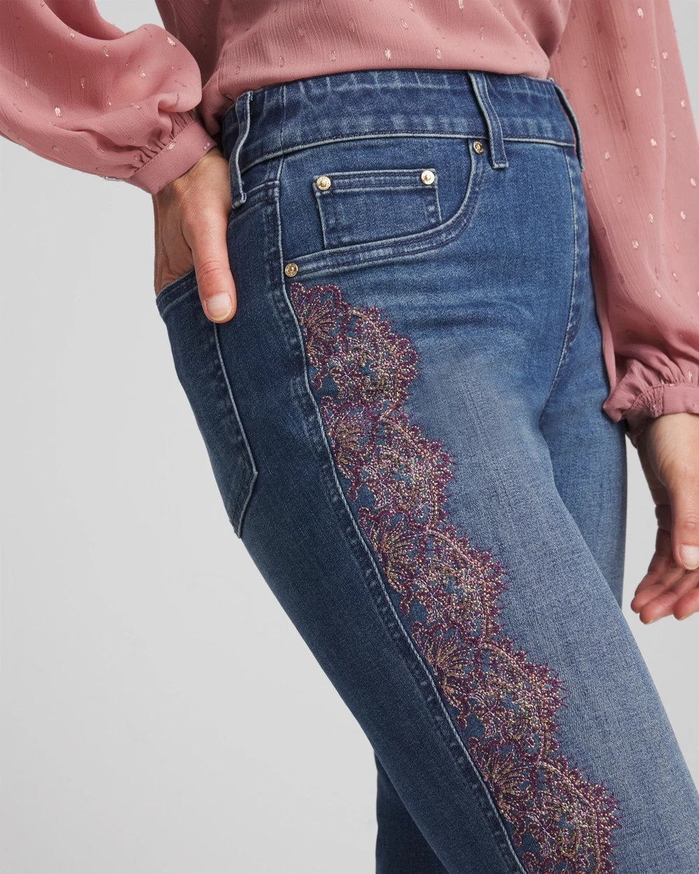 Chico's Outlet Alpine Indigo Lace Embroidered Pull-On Straight Jeans