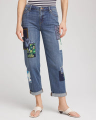 Chico's Online Whimsical Indigo Boyfriend Patchwork Cropped Jeans