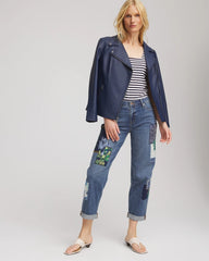 Chico's Online Whimsical Indigo Boyfriend Patchwork Cropped Jeans