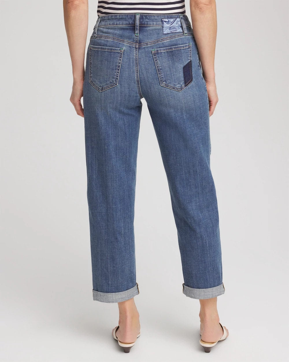 Chico's Online Whimsical Indigo Boyfriend Patchwork Cropped Jeans