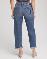 Chico's Online Whimsical Indigo Boyfriend Patchwork Cropped Jeans