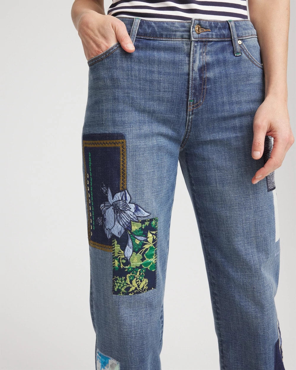 Chico's Online Whimsical Indigo Boyfriend Patchwork Cropped Jeans