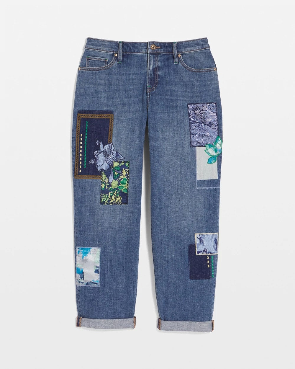 Chico's Online Whimsical Indigo Boyfriend Patchwork Cropped Jeans