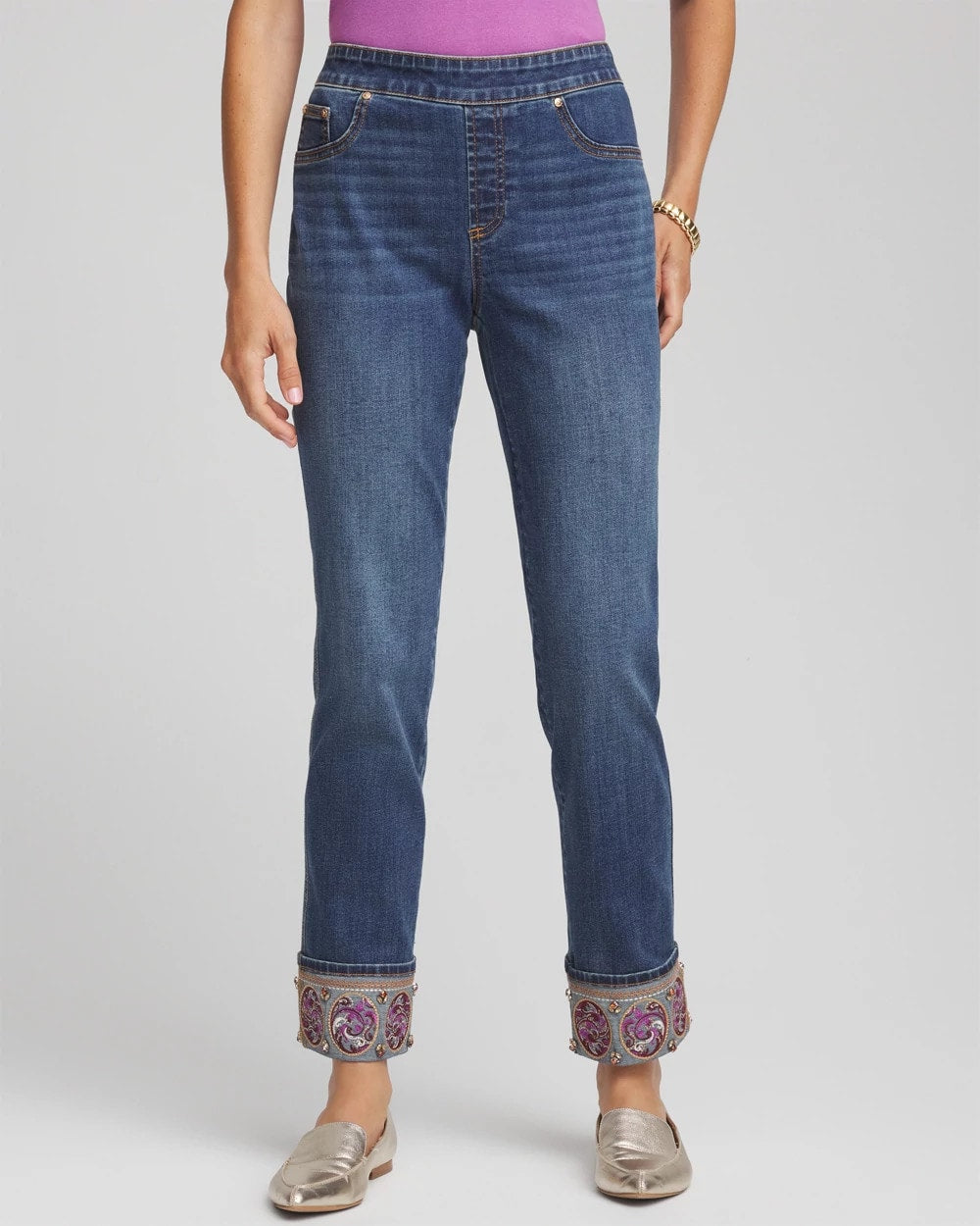 Chico's Discount Buttercup Indigo Embellished Pull-On Slim Ankle Jeggings