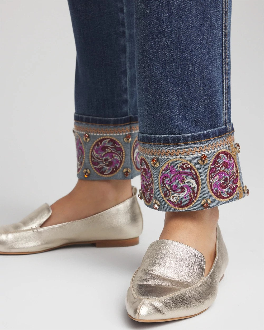 Chico's Discount Buttercup Indigo Embellished Pull-On Slim Ankle Jeggings