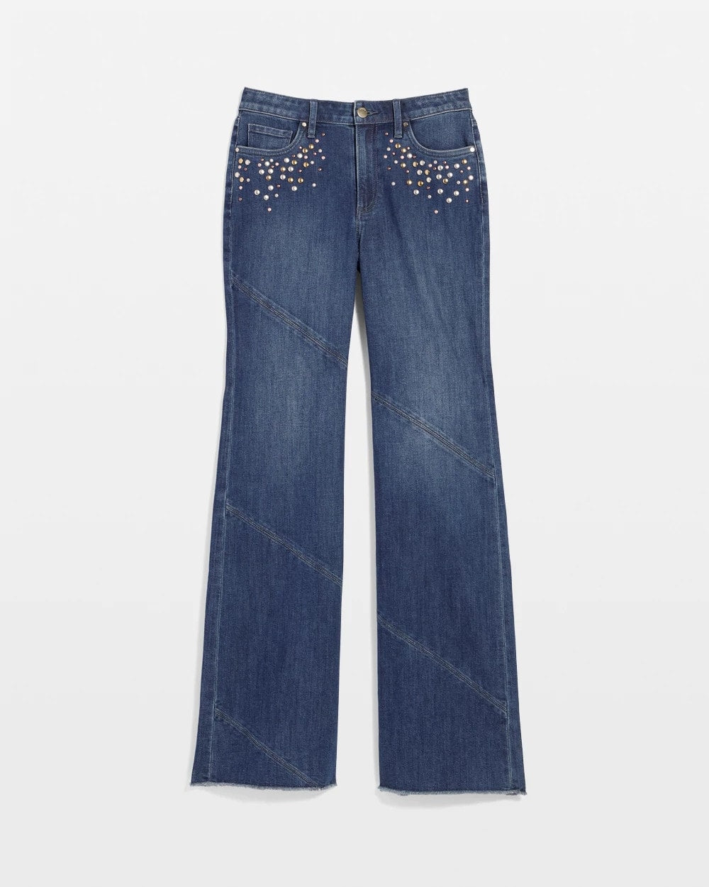Chico's Sale Irvina Indigo Embellished Frayed Flared-Leg Jeans
