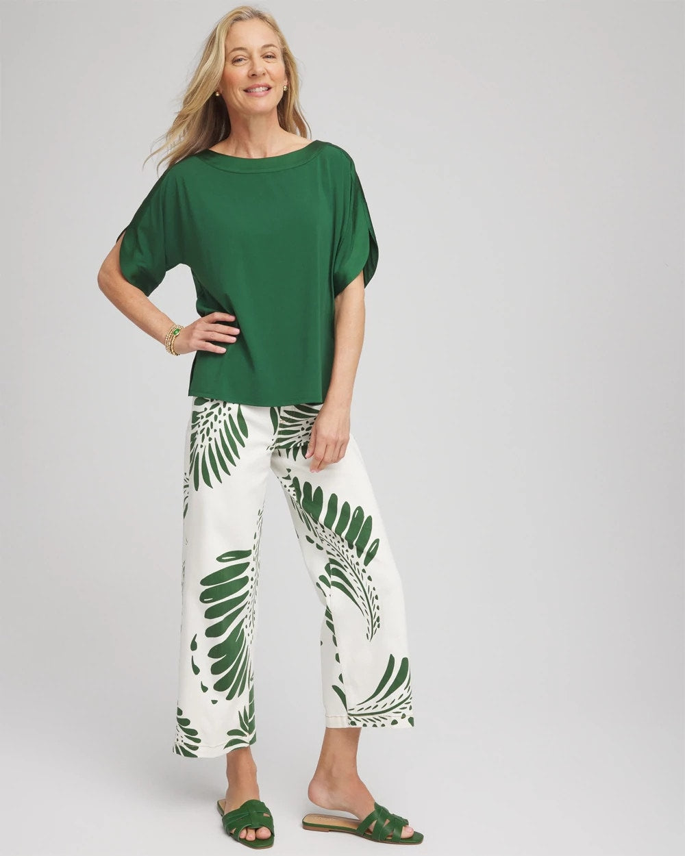 Chico's Outlet Ecru Palm-Frond-Motif Pull-On Wide-Leg Cropped Jeans