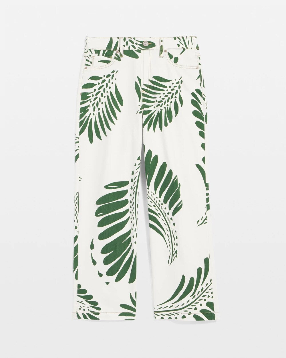 Chico's Outlet Ecru Palm-Frond-Motif Pull-On Wide-Leg Cropped Jeans