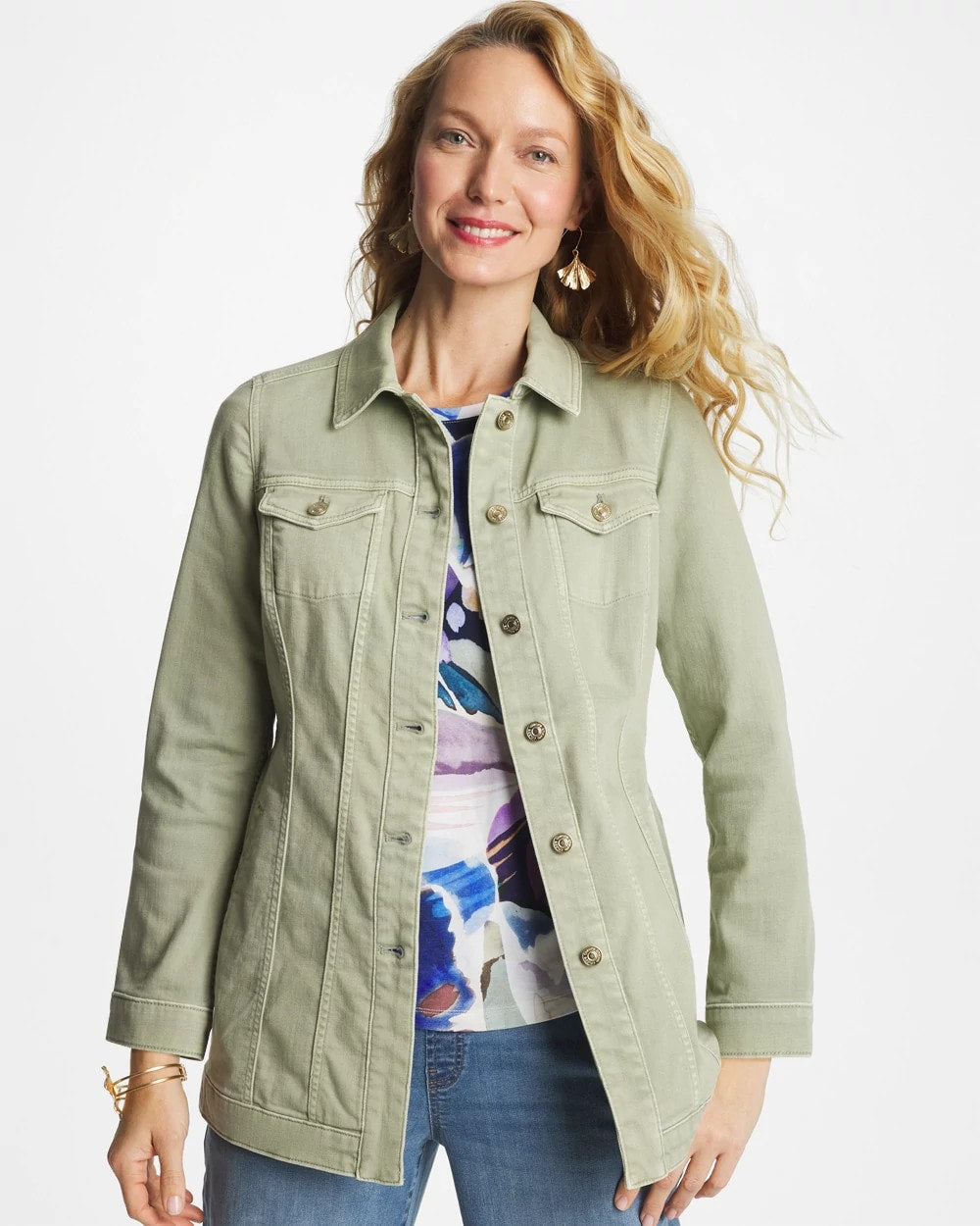 Chico's On Sale Seagrass Green Elongated Belted Denim Jacket