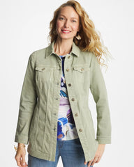 Chico's On Sale Seagrass Green Elongated Belted Denim Jacket