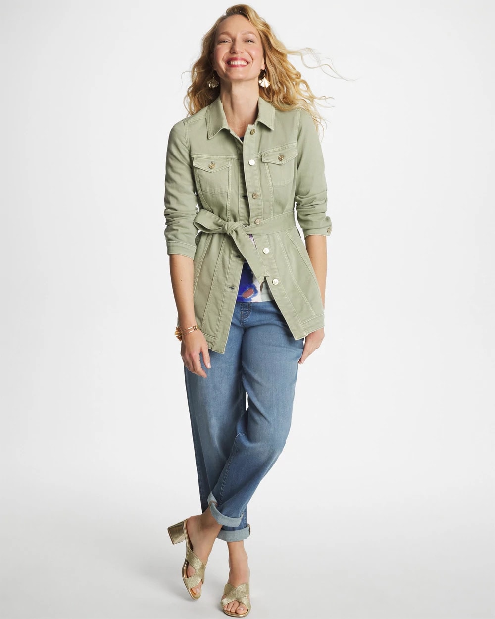 Chico's On Sale Seagrass Green Elongated Belted Denim Jacket